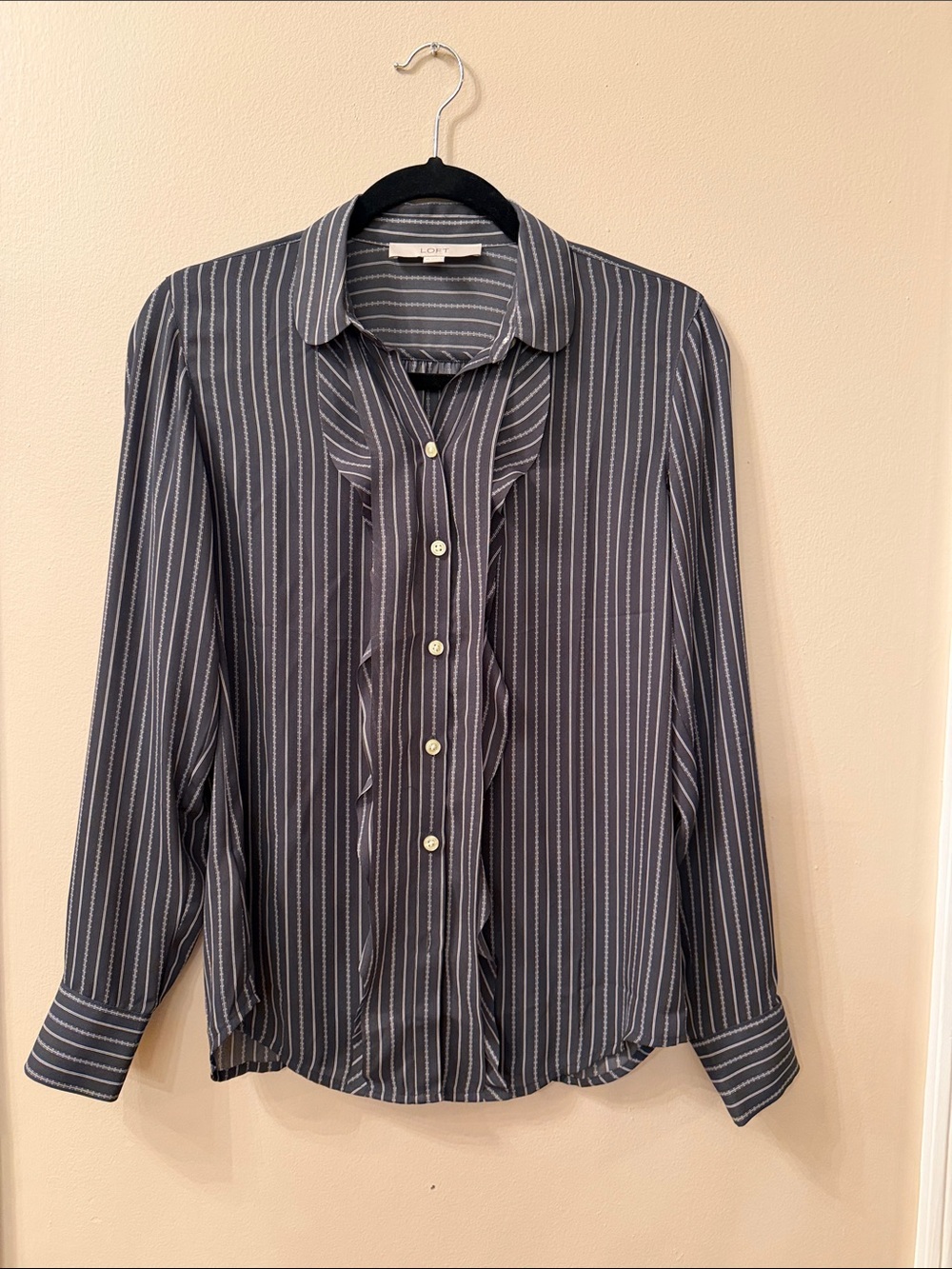 LOFT Navy and White Pinstripe Button-Down blouse with ruffles